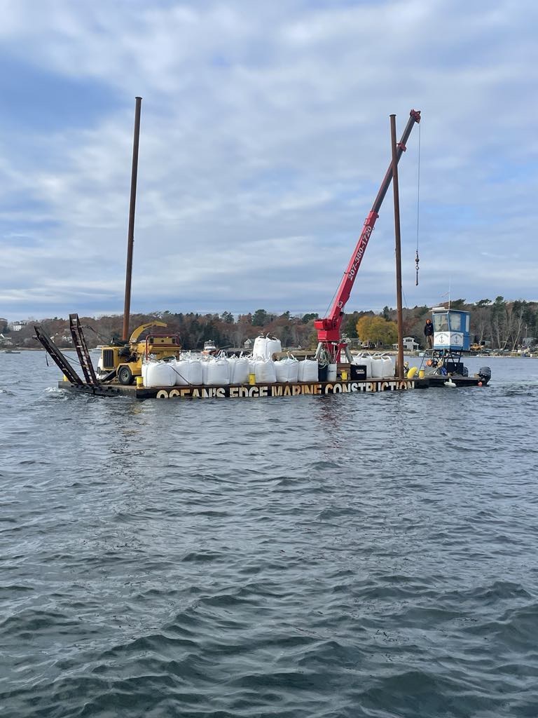 Ocean's Edge Marine crane barge working off the Midcoast Maine coast